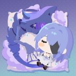  1girl black_bandages blue_background blue_hair blush brown_footwear chibi closed_eyes commentary eyepatch gradient_background hecate_(path_to_nowhere) long_hair monster nightmare_(path_to_nowhere) no_lineart one_eye_covered path_to_nowhere purple_background sappazell shirt skirt sleeping solo symbol-only_commentary white_shirt white_skirt 