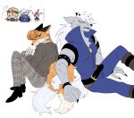  1boy 1girl animal_ear_fluff animal_ears armlet belt black_footwear blue_eyes blue_jumpsuit blue_sclera body_fur boots brown_footwear brown_jacket brown_pants claws closed_mouth collared_jumpsuit colored_sclera feet_out_of_frame fox_ears fox_girl fox_tail full_body furry furry_female furry_male gloves grey_fur hand_up high_collar highres jacket joker_(smile_precure!) jumpsuit knee_up knees_up long_hair long_sleeves looking_at_viewer multiple_views muzzle open_mouth orange_fur orange_hair original pants pet_cone plaid plaid_pants precure rata_(norahasu) sharp_teeth simple_background sitting sleeveless_jumpsuit slit_pupils smile_precure! studded_belt studded_bracelet tail teeth translation_request white_background white_hair wolf_boy wolf_ears wolf_tail wolfrun 