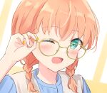  1girl ;d absurdres adjusting_eyewear alternate_hairstyle aqua_eyes bespectacled blue_shirt blush braid close-up crossed_bangs glasses hashtag-only_commentary highres hinoshita_kaho link!_like!_love_live! looking_at_viewer love_live! low_twin_braids medium_hair multicolored_nails one_eye_closed open_mouth orange_hair orange_nails portrait shirt smile solo twin_braids virtual_youtuber white_nails yellow-framed_eyewear yutuki_ame 