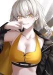  1girl bare_shoulders black_jacket blush braid breasts cleavage earrings fate/grand_order fate_(series) grey_hair highres jacket jeanne_d&#039;arc_alter_(fate) jewelry large_breasts long_hair long_sleeves looking_at_viewer ri_o_ne_su solo sports_bra yellow_eyes yellow_sports_bra 