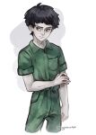  1boy averting_eyes black_hair breast_pocket brown_eyes closed_mouth cropped_legs english_commentary fear_&amp;_hunger fear_&amp;_hunger_2:_termina green_jumpsuit highres holding_own_arm jumpsuit kingjoshua levi_(fear_&amp;_hunger) pocket short_hair solo standing twitter_username two-tone_background white_background 
