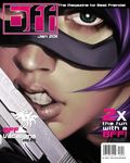  barcode clenched_teeth close-up cover face fake_cover green_eyes gun hit-girl kick-ass lips mask purple_hair shiba_(berryeater) solo teeth weapon 