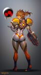  1girl absurdres arm_cannon ass assault_visor blonde_hair bodysuit danderfull fusion highres long_hair looking_at_viewer metroid mole mole_under_mouth orange_bodysuit orange_goggles overwatch ponytail samus_aran skin_tight solo spiked_hair tracer_(overwatch) weapon 