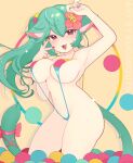  1girl :3 animal_ear_fluff animal_ears aqua_hair aqua_nails arm_up artist_name ball_pit blue_nails breasts cat_ears cat_girl cat_tail cowboy_shot fang flower green_hair hair_flower hair_ornament highres indie_virtual_youtuber large_breasts light_blush multicolored_nails navel open_mouth red_eyes red_nails red_ribbon ribbon rosedoodle_(vtuber) skin_fang slingshot_swimsuit solo succuguts swimsuit tail tail_ornament tail_ribbon v yellow_background yellow_nails 