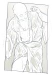  1boy bald bara bead_necklace beads closed_eyes cowboy_shot facing_to_the_side greyscale highres jewelry leaning_forward male_focus monochrome mudani_narimasu necklace original pectoral_cleavage pectorals plump priest see-through solo standing thighs toned toned_male wet_kimono 