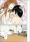  ayase_asagi bangs bare_back bed bedroom black_hair blanket blinds breasts brown_hair cleavage closed_eyes clothes_on_floor clothes_removed comic couple green_hair hand_in_another's_hair indoors koiwai_yotsuba lamp long_hair lying medium_breasts multiple_girls naked_sheet nori_(neun_leben) on_bed on_side parted_lips pillow quad_tails shelf short_hair sleeping standing stuffed_animal stuffed_toy teddy_bear torako_(yotsubato!) translated under_covers walk-in window wooden_floor yotsubato! yuri 