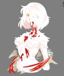  1girl blood blood_on_body blood_on_mouth breasts chimera commentary dungeon_meshi english_commentary falin_touden falin_touden_(chimera) feathers grey_background hair_over_one_eye signature simple_background solo spoilers stripykleo topless white_feathers white_hair yellow_eyes 