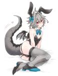 1boy ahoge animal_ears black_leotard blue_bow blush bow breasts bulge cleavage closed_mouth collar colored_shoe_soles covered_nipples detached_collar dragon_boy dragon_tail dragon_wings fake_animal_ears fate/apocrypha fate_(series) grey_hair grey_tail grey_thighhighs hair_between_eyes hair_bow hair_intakes haoro heart highres large_tail leotard mini_wings otoko_no_ko rabbit_ears red_eyes short_hair sieg_(fate) strapless strapless_leotard sweatdrop tail thighhighs white_background white_collar wings 