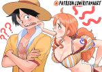  1boy 1girl ? ?? abs alternate_hairstyle annoyed black_eyes black_hair blush breasts cheek_pull cleavage crossed_arms detached_sleeves english_commentary hair_ornament hat hood hoodie large_breasts log_pose long_hair looking_at_another miniskirt monkey_d._luffy muscular muscular_male nami_(one_piece) one_piece open_mouth orange_eyes orange_hair patreon_logo red_skirt rita_ya scar scar_on_chest scar_on_face shirt short_hair short_sleeves shoulder_tattoo skirt straw_hat tattoo teeth v-shaped_eyebrows yellow_hoodie 
