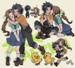  1boy 1girl aerith_gainsborough aged_down aqua_shirt bandaid bandaid_on_arm bandaid_on_cheek bandaid_on_face belt belt_buckle black_hair black_overalls black_shirt blue_dress blue_eyes blush boots bow bowtie braid braided_ponytail brown_footwear brown_hair buckle carrying character_name child chocobo closed_mouth commentary_request couple crisis_core_final_fantasy_vii dress final_fantasy final_fantasy_vii final_fantasy_vii_rebirth final_fantasy_vii_remake flower full_body green_eyes green_ribbon hair_ribbon happy holding hug huosheanng index_finger_raised indian_style kiss kissing_cheek long_hair looking_at_another looking_at_viewer multiple_views one_eye_closed orange_shirt overalls pants pants_rolled_up parted_bangs piggyback pink_ribbon pointing pointing_forward red_bow red_bowtie ribbon running seiza shirt short_hair short_sleeves sidelocks sitting smile socks sparkle spiked_hair standing upper_body white_socks yellow_dress yellow_pants zack_fair 