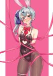  1girl absurdres animal_ears arms_behind_back black_leotard blue_eyes blue_hair bow bowtie breasts clothing_cutout cosplay covered_navel detached_collar fake_animal_ears grin hair_ornament hatsune_miku hatsune_miku_(cosplay) heart_cutout highleg highleg_leotard highres hololive hoshimachi_suisei leotard long_hair nyang-kaz pantyhose pillarboxed pink_background pink_ribbon playboy_bunny pole rabbit_ears rabbit_hole_(vocaloid) red_bow red_bowtie restrained ribbon side_ponytail simple_background small_breasts smile solo standing stripper_pole teardrop_facial_mark thigh_strap virtual_youtuber vocaloid x_hair_ornament 