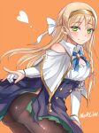  1girl ass atelier_(series) atelier_ryza bare_shoulders blonde_hair blush bow breasts capelet closed_mouth clothes_lift come_hither commentary_request dress gloves gold_hairband green_eyes hair_bow hairband heart highres kazetuki klaudia_valentz large_breasts long_hair looking_at_viewer orange_background panties panties_under_pantyhose pantyhose partially_fingerless_gloves shiny_skin sideboob simple_background skirt skirt_lift smile solo third-party_source underwear white_bow white_capelet 