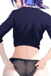  1girl a-chan_(hololive) adjusting_clothes adjusting_panties ass black-framed_eyewear black_panties blue_hair blue_shirt cohi27151463 cropped_shirt from_behind hashtag-only_commentary hololive midriff panties shirt short_hair simple_background sleeves_past_elbows solo underwear upper_body virtual_youtuber white_background 