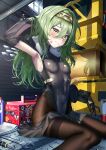  1girl absurdres arm_behind_head armored_gloves armpits belt_pouch black_bodysuit black_ribbon black_skirt blush bodysuit breasts covered_navel fur_collar goddess_of_victory:_nikke green_hair hair_ribbon hairband highres kilo_(nikke) long_hair long_sleeves looking_at_viewer manjo_(warito) pouch ribbon sitting skin_tight skirt small_breasts solo sweat wavy_mouth wrench yellow_eyes 