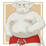 anthro bell belly blush bodily_fluids bottomwear bulge clothed clothing elephant elephantid hi_res hizen_(tamacolle) male mammal moobs navel nipples overweight proboscidean proboscis_(anatomy) shorts solo sweat tamacolle topless trunk_(anatomy) yaki_atsuage