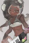  1girl aqua_hair black_hair bra breasts cephalopod_eyes cleavage closed_mouth collarbone cowboy_shot dark-skinned_female dark_skin furrowed_brow green_eyes grey_background headphones highres holding holding_instrument instrument kamikaihi_game keytar long_hair marina_(splatoon) medium_breasts midriff mole mole_under_mouth multicolored_hair navel_piercing octoling official_alternate_costume pants piercing red_pupils simple_background smile solo splatoon_(series) splatoon_3 suction_cups tentacle_hair two-tone_hair underwear white_bra white_pants 