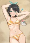  1girl absurdres armpits bikini black_hair breasts cowboy_shot diptip green_eyes hair_ribbon highres hololive lying medium_breasts navel oozora_subaru polka_dot polka_dot_ribbon ribbon rubber_duck sand short_hair solo striped_bikini striped_clothes swimsuit underboob virtual_youtuber whistle whistle_around_neck yellow_bikini 