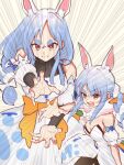  2girls absurdres animal_ears azuma_(azmdraw) blue_hair breasts dragon_ball dragon_ball_z dress emphasis_lines highres hololive long_hair mother_and_daughter multicolored_hair multiple_girls pekomama rabbit_ears rabbit_girl red_eyes scene_reference serious small_breasts strapless strapless_dress thick_eyebrows two-tone_hair usada_pekora white_dress white_hair 