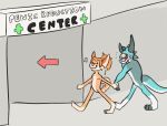  anthro arrow_sign blue_body blush canid canine canis domestic_dog duo genitals good4life4ever hair hi_res horn male mammal myers_(good4life4ever) orange_hair penis ring scalie shiba_inu sitting_on_penis sketch spitz walking zestios_(good4life4ever) 