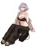  1girl absurdres ahoge alternate_costume bag black_bra black_footwear black_nails black_pants blue_eyes blush bra closed_mouth collarbone commentary english_commentary full_body grey_hair highres izayoi_sakuya looking_at_viewer medium_hair navel nezo pants sandals simple_background solo touhou underwear white_background 