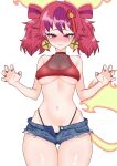  1girl absurdres alternate_costume bare_shoulders breasts denim denim_shorts duel_monster ear_bell fiery_tail ha-re_the_sword_mikanko hands_up highres multicolored_hair navel oldsickkim paw_pose purple_hair red_hair short_shorts shorts solo stomach streaked_hair tail twintails underboob yu-gi-oh! 
