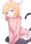  1girl absurdres between_legs black_tail black_thighhighs blonde_hair blue_archive blunt_bangs blush cat_tail commentary_request fake_tail gradient_hair hagoonha halo hand_between_legs head_tilt highres hood hood_down hoodie leaning leaning_forward light_blush long_sleeves looking_at_viewer medium_hair momoi_(blue_archive) multicolored_hair open_mouth parted_bangs pink_halo pink_hoodie red_eyes simple_background sitting sleeves_past_wrists solo tail tail_raised thighhighs wariza white_background 