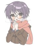  1girl breath brown_coat brown_eyes coat glasses grey-framed_eyewear kita_high_school_uniform long_sleeves looking_at_viewer nagato_yuki nanonome open_mouth orange_scarf own_hands_together palms_together purple_hair scarf school_uniform short_hair simple_background solo suzumiya_haruhi_no_shoushitsu suzumiya_haruhi_no_yuuutsu upper_body white_background 