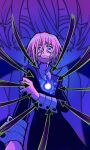  1other absurdres arrow_(projectile) arrow_(symbol) attack black_dress child_abuse crona_(soul_eater) dress highres hitodama long_sleeves purple_eyes purple_hair scared sleeve_cuffs soul_eater symbol-shaped_pupils user_yddr3472 