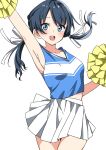  1girl arm_up armpits blue_eyes blue_hair blue_shirt breasts cheerleader collarbone commentary_request djpwjd1 highres holding holding_pom_poms link!_like!_love_live! long_hair looking_at_viewer love_live! medium_breasts murano_sayaka open_mouth pleated_skirt pom_pom_(cheerleading) shirt sidelocks skirt sleeveless sleeveless_shirt solo standing teeth twintails upper_body upper_teeth_only virtual_youtuber white_background white_skirt 