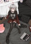  1girl :o absurdres ahoge bed belt black_footwear black_shirt blush boots cellphone choker commission computer dakimakura_(object) doll earbuds earphones feet grey_hair highres jewelry laptop layered_shirt lobotomy_corporation lobsteranian long_hair looking_at_viewer looking_up no_shoes on_floor open_mouth original phone pillow plaid plaid_skirt print_shirt project_moon punk red_eyes red_hair red_skirt ring shirt shoes short_hair sitting skirt socks solo striped_clothes striped_shirt striped_sleeves stuffed_toy t-shirt thighhighs torn_clothes torn_thighhighs unworn_shoes 