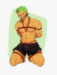  1boy abs arms_behind_back bara bluefriedchick blush crotch_bondage full_body gagged green_hair highres kneeling looking_at_viewer male_focus navel nipples one_piece pectorals pubic_stubble red_rope rope roronoa_zoro scar scar_across_eye shibari short_hair solo toned toned_male v-taper 