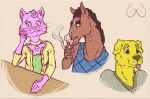 anthro bojack_horseman bojack_horseman_(character) canid canine canis cigarette clothed clothing coat domestic_cat domestic_dog drugs elliotshoe equid equine felid feline felis female fur group horse jewelry male mammal mr._peanutbutter necklace netflix pink_body pink_fur princess_carolyn shirt smoking tongue tongue_out topwear trio whiskers yellow_body yellow_fur