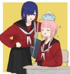  2girls alternate_costume bag black_sailor_collar black_skirt blue_eyes blue_hair blush border braid chair closed_eyes colored_inner_hair commentary_request desk feet_out_of_frame hair_over_shoulder hand_on_another&#039;s_head hand_on_own_hip hand_up highres holding_bento isshiki_(ffmania7) kaf_(kamitsubaki_studio) kamitsubaki_studio long_hair long_sleeves looking_at_another low_twin_braids matching_outfits medium_hair multicolored_eyes multicolored_hair multiple_girls neckerchief object_on_head on_chair open_mouth pink_hair pleated_skirt red_eyes red_hair red_shirt rim_(kamitsubaki_studio) romaji_commentary sailor_collar school_bag school_chair school_desk school_uniform serafuku shirt shoulder_bag simple_background sitting sketch skirt smile standing twin_braids virtual_youtuber white_border white_neckerchief yellow_background yellow_pupils 