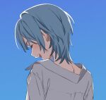  1girl blue_background blue_hair closed_eyes collared_shirt commentary from_behind hololive hoshimachi_suisei medium_hair open_mouth shirt smile solo upper_body virtual_youtuber white_shirt wolf_cut zhr100 