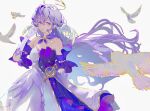  1girl aqua_eyes arms_behind_back bare_shoulders bird closed_mouth detached_sleeves dress earrings floating_hair gloves hair_between_eyes halo head_wings highres honkai:_star_rail honkai_(series) jewelry long_hair looking_at_viewer omochichi96 pigeon purple_dress purple_hair short_sleeves simple_background smile solo standing two-tone_dress white_background white_dress white_gloves white_wings wings 