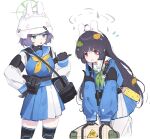  2girls animal_ears bag belt_pouch binoculars black_gloves black_hair black_thighhighs blue_archive blue_eyes blue_skirt blush combat_helmet countryman_(artist) cropped_legs fake_animal_ears flying_sweatdrops gloom_(expression) gloves halo hand_on_own_hip helmet highres holding leaf leaf_on_head long_sleeves miyu_(blue_archive) multiple_girls neckerchief pantyhose pleated_skirt pointing pouch purple_hair rabbit_ears red_eyes sailor_collar saki_(blue_archive) school_uniform short_hair shoulder_bag skirt small_sweatdrop stahlhelm thighhighs two-tone_gloves white_pantyhose 