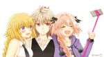  1girl 2boys :d ^_^ ahoge astolfo_(fate) astolfo_(memories_at_trifas)_(fate) bad_id bad_twitter_id black_ribbon blonde_hair blue_eyes blush braid breasts brown_hair cellphone closed_eyes embarrassed fang fate/apocrypha fate_(series) hair_ornament hair_ribbon happy holding jacket jeanne_d&#039;arc_(fate) jeanne_d&#039;arc_(girl_from_orleans)_(fate) large_breasts long_braid long_hair long_sleeves multicolored_hair multiple_boys necktie official_alternate_costume open_mouth otoko_no_ko phone pink_hair pom_pom_(clothes) purple_jacket red_eyes ribbon sandwiched selfie_stick shirt short_hair sieg_(fate) simple_background single_braid sleeveless sleeveless_shirt smartphone smile srnk striped_clothes striped_shirt two-tone_hair very_long_hair waistcoat white_background white_shirt 