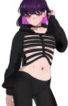  1girl black_choker black_hoodie black_pants breasts choker closed_mouth collarbone colored_inner_hair expressionless highres hood hoodie jourd4n long_sleeves looking_at_viewer minori_yume_(jourd4n) multicolored_hair navel navel_piercing original pants piercing pink_hair purple_hair red_eyes short_hair small_breasts solo yoga_pants 