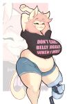  2024 5_fingers anthro belly belly_overhang big_breasts black_clothing black_crop_top black_shirt black_topwear blep blue_cutoffs bottomwear breasts capri_(doxxyl) clothing crop_top cutoffs dated deep_navel denim denim_bottomwear denim_clothing digital_media_(artwork) domestic_cat don&#039;t_care_+_(meme) doxxyl english_text eyebrow_through_hair eyebrows eyelashes eyes_closed felid feline felis female fingers fur hair happy humor inner_ear_fluff mammal muffin_top navel overweight overweight_anthro overweight_female pink_hair pink_nose pockets portrait prosthetic prosthetic_leg prosthetic_limb raised_eyebrows shirt shorts signature solo standing stretching tail tan_body tan_fur text text_on_clothing text_on_shirt text_on_topwear thick_thighs three-quarter_portrait three-quarter_view tongue tongue_out topwear translucent translucent_hair tuft wide_hips 