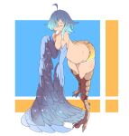  absurdres ahoge ass bird_legs blue_background blue_feathers blue_hair blue_shirt breasts brown_shorts claws closed_eyes feathered_wings feathers food harpy highres hinekure-boy monster_girl monster_musume_no_iru_nichijou papi_(monster_musume) popsicle shirt short_shorts shorts simple_background small_breasts smile talons thick_thighs thighs wide_hips wings 