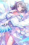  1girl bare_shoulders blue_eyes bow breasts cleavage collarbone crossed_arms detached_collar folding_fan grey_hair hair_bow hand_fan highres hong_(white_spider) japanese_clothes kimono large_breasts looking_at_viewer off_shoulder parted_bangs senran_kagura short_hair solo thighs white_bow white_kimono yumi_(senran_kagura) 