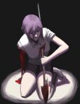  1girl black_shorts blood blood_from_mouth blood_on_weapon breasts chainsaw_man commentary full_body highres impaled missing_limb nosebleed polearm polo_shirt purple_hair reze_(chainsaw_man) seiza shirt short_shorts shorts sitting small_breasts solo spear titann weapon white_shirt 