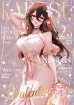  1girl allenhalo black_choker bow bracelet breasts brown_eyes brown_hair chinese_commentary choker cleavage clothing_cutout cover dress earrings english_commentary eyeshadow fake_magazine_cover flower hair_between_eyes hair_flower hair_ornament happy_valentine head_tilt jewelry kurogane_karasu large_breasts long_hair looking_at_viewer magazine_cover makeup nkshoujo parted_lips pink_flower red_eyeshadow shoulder_cutout smile solo virtual_youtuber white_bow white_dress 