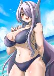  1girl blush breasts cleavage collarbone genderswap genderswap_(mtf) highres humanization jiatang large_breasts long_hair looking_down nail_polish navel ocean open_mouth purple_hair purple_nails robot_ears shockwave_(transformers) smile solo sweat transformers very_long_hair water yellow_eyes 