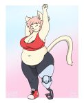  2024 5_fingers :3 absurd_res anthro belly belly_overhang big_breasts black_bra black_clothing black_leggings black_legwear black_underwear border bra breasts butt capri_(doxxyl) cleavage closed_smile clothed clothing crop_top dated deep_navel digital_media_(artwork) domestic_cat eyebrow_through_hair eyebrows eyelashes eyes_closed felid feline felis female fingers full-length_portrait fur gradient_background hair happy hi_res humanoid_hands inner_ear_fluff leggings legwear love_handles mammal midriff mouth_closed navel overweight overweight_anthro overweight_female phoenix_dg pink_hair pink_nose portrait prosthetic prosthetic_leg prosthetic_limb raised_arm red_bra red_clothing red_crop_top red_shirt red_sports_bra red_topwear red_underwear shirt signature simple_background smile snout solo sports_bra standing stretching tail tan_body tan_fur thick_thighs three-quarter_view topwear translucent translucent_hair tuft underwear white_border wide_hips 