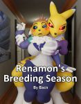 2024 3d_(artwork) anthro bacn bandai_namco big_breasts black_sclera blush breast_grab breasts canid canine clothed clothing comic cover cover_art cover_page detailed_background digimon digimon_(species) digital_media_(artwork) duo english_text female female/female fox fur glowing glowing_eyes grope hair hand_on_breast hi_res inside mammal nude open_mouth questionable_consent renamon renamon_(bacn) rika_nonaka standing text white_body white_fur yellow_body