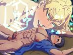  2boys ao_isami bara bare_pectorals black_hair blonde_hair couple cyborg dark-skinned_male dark_skin derivative_work erection facial_hair giant giant_male highres large_pectorals lewis_smith licking licking_nipple lying male_focus multiple_boys muscular muscular_male nipple_stimulation on_back pectorals penis screenshot_redraw sideburns_stubble size_difference stubble sunsetcolorscat thick_eyebrows torogao uncensored yaoi yuuki_bakuhatsu_bang_bravern 