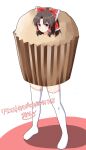  1girl :/ absurdres bow brown_eyes brown_hair commentary_request commission food food_costume frilled_bow frilled_hair_tubes frills full_body hair_bow hair_tubes hakurei_reimu highres muffin no_shoes red_bow rise_(rise19851203) short_hair sidelocks simple_background standing sweatdrop thighhighs touhou translated white_background white_thighhighs 