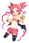  1girl black_wings demon_girl disgaea disgaea_rpg flat_chest hanako_(disgaea) heart highres kasumi_koujou looking_at_viewer navel open_mouth pink_hair pink_shorts red_eyes scarf shorts twintails white_background wings yellow_scarf 