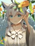  1girl absurdres animal_ear_fluff animal_ears aqua_eyes asymmetrical_hair black_bow bow bowtie braid commentary_request extra_ears flower fmym_(ponsubro) fox_ears fox_girl gold_osmanthus hair_between_eyes hair_bow hand_to_head hand_up highres hololive light_blush long_hair looking_at_viewer low_ponytail osmanthus plant shirakami_fubuki shirakami_fubuki_(street) shirt side_braid single_sidelock smile solo virtual_youtuber white_bow white_bowtie white_hair white_shirt wide_sleeves yellow_flower 